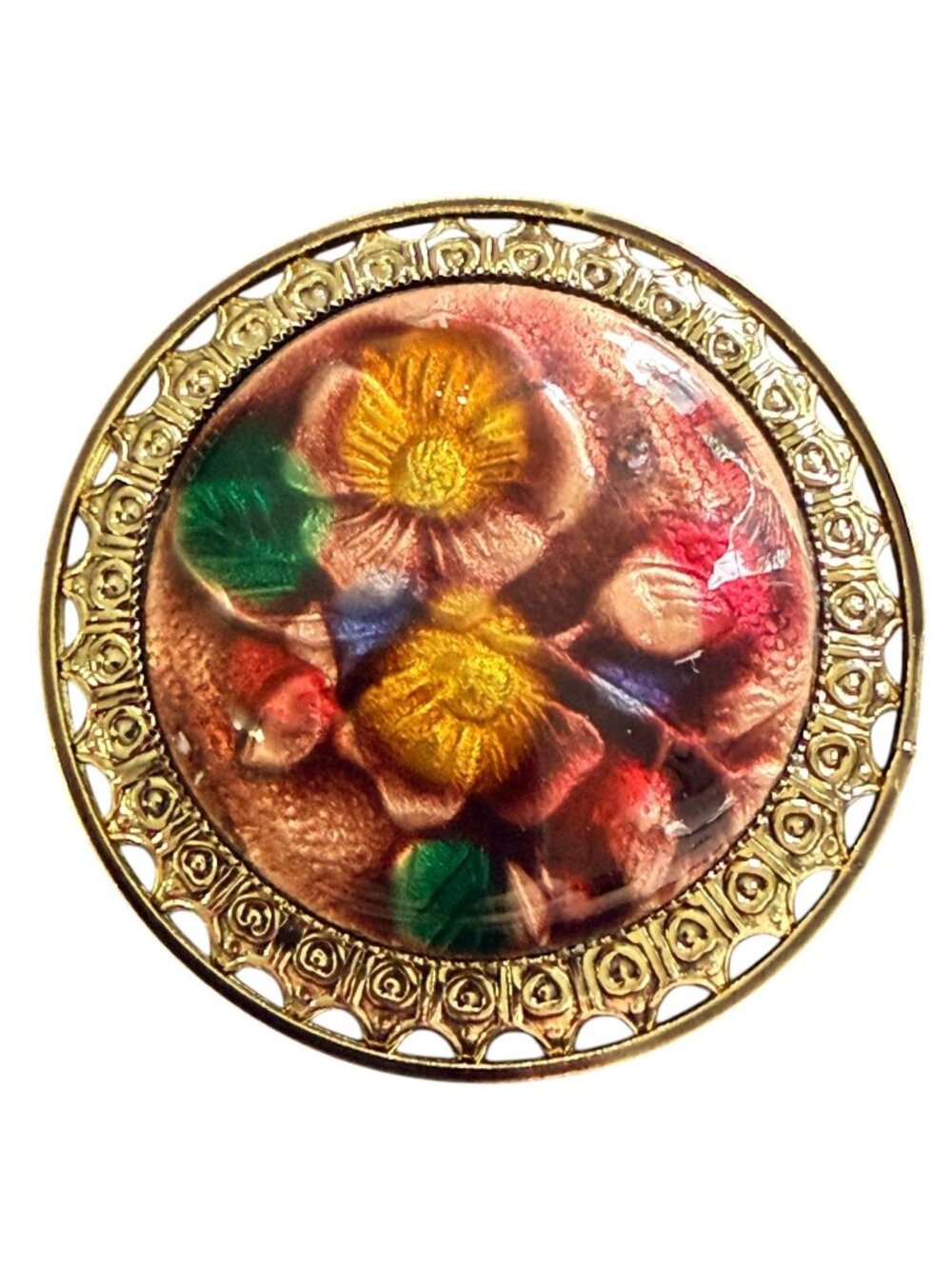 Vintage Reverse Carved Lucite Brooch Gold Tone Floral Pin 1950s New Old Stock